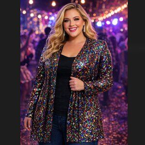 Kancy Kole Rainbow Sequin Blazer 2X Open Front Long Sleeve Party Festival Jacket